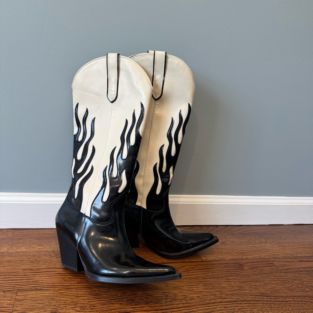 Black and White Flame Cowboy Boots